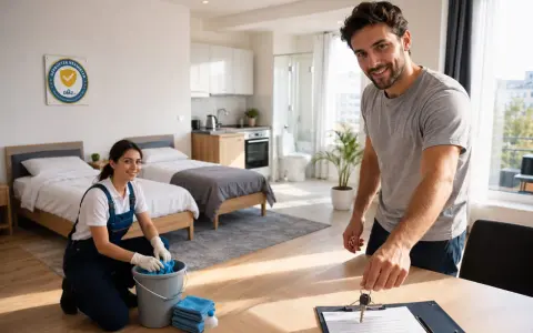 Professionelle **Endreinigung Ferienwohnung**: Eine Frau reinigt mit Handschuhen, ein Mann übergibt Schlüssel.