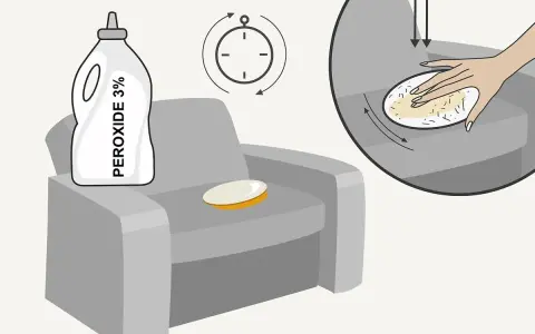 Peroxidflasche neben Sessel mit gelbem Fleck. Hand tupft Fleck mit Tuch ab, um senf fleck entfernen. Timer zeigt Wartezeit an.