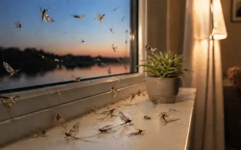 Viele Eintagsfliegen sitzen am Fenster und auf der Fensterbank. Ein Versuch, die Insekten loswerden, bevor sie sich vermehren.