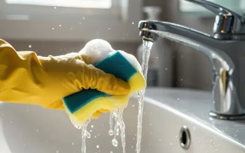 Gelbe Handschuhe reinigen mit einem nassen Schwamm das Waschbecken. Wasser spritzt.