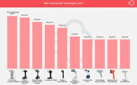 Vergleich von Dampfbürsten: Tefal Pure Force mit 35 g/min, Braun QuickStyle 7 mit 35 g/min, Russell Hobbs mit 32 g/min. Die Dampfbürste von Lidl ist nicht aufgeführt.