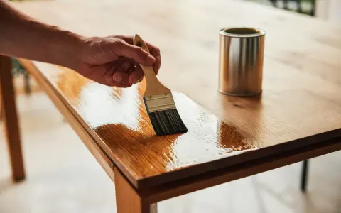 Hand streicht mit Pinsel Öl auf einen Holztisch. Dose daneben. Holztisch reinigen und pflegen.