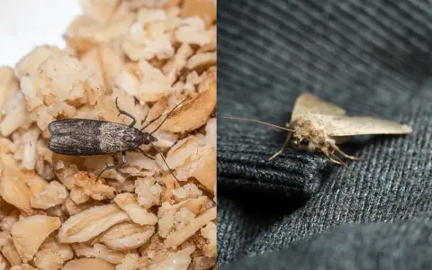 Zwei Arten von Lebensmittelmotten: eine dunkle auf Haferflocken, eine helle auf dunklem Stoff.