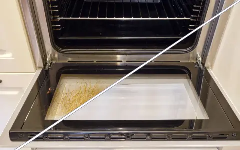 Vorher-Nachher-Vergleich: Fettige Spritzer auf der Backofen-Zwischenscheibe, die nun sauber ist. So reinigen Sie den Backofen zwischen den Scheiben ohne Ausbau.