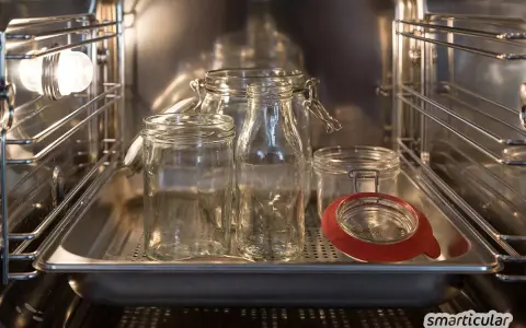 Mehrere leere Gläser und Flaschen stehen auf einem Blech im Backofen, bereit zum Sterilisieren.