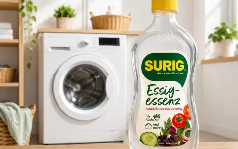 Eine Flasche Essigessenz steht vor einer Waschmaschine. Perfekt für die Küche und mehr, auch für die Wäsche!