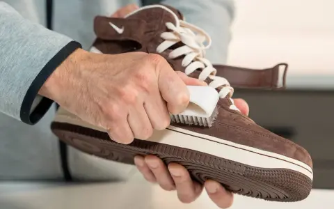 Hände reinigen braune Wildleder Schuhe mit einer Bürste. So werden die Lieblingssneaker wieder wie neu.
