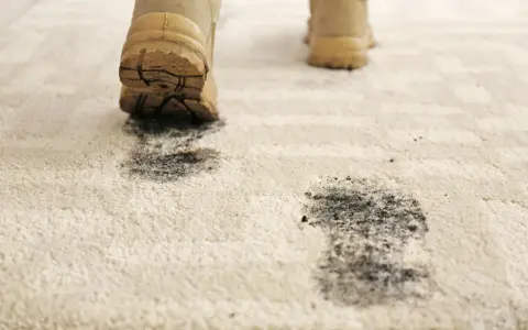 Schmutzige Stiefel hinterlassen Spuren auf dem hellen Teppich. Zeit für den outdoor teppich reinigen.