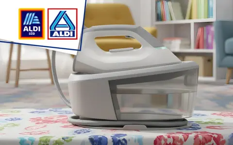Modernes Aldi Bügeleisen mit großem Wassertank auf bunt gemustertem Tisch.