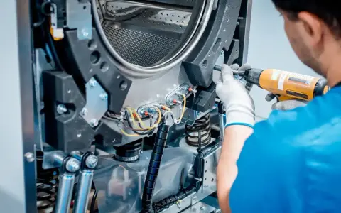 Techniker repariert die Schleudermechanik einer Waschmaschine mit einem Schrauber.