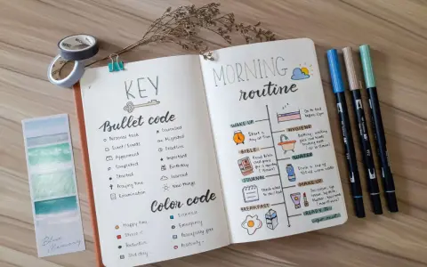 Bullet journal mit Morgenroutine und Farbcode, um Ordnung zu halten.