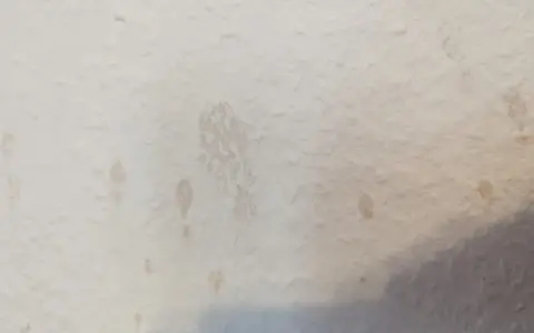 Helle Wand mit einigen unregelmäßigen, hellbraunen Kaffeeflecken, die wie kleine Spritzer und ein größerer, verschmierter Fleck aussehen.