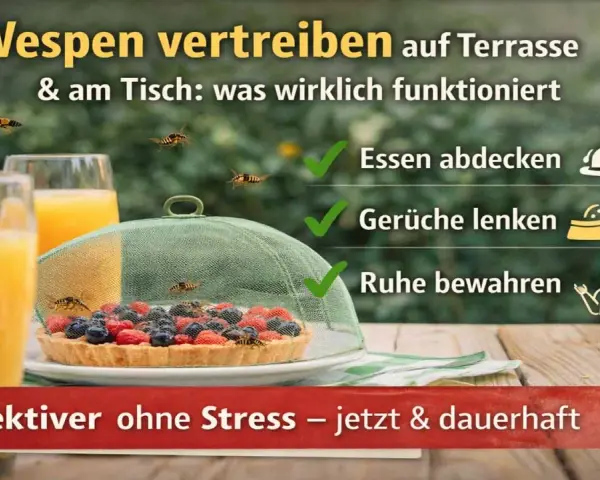 Tipps gegen Wespen: Essen abdecken, Gerüche umlenken, Ruhe bewahren. So vertreiben Sie Wespen effektiv vom Tisch.