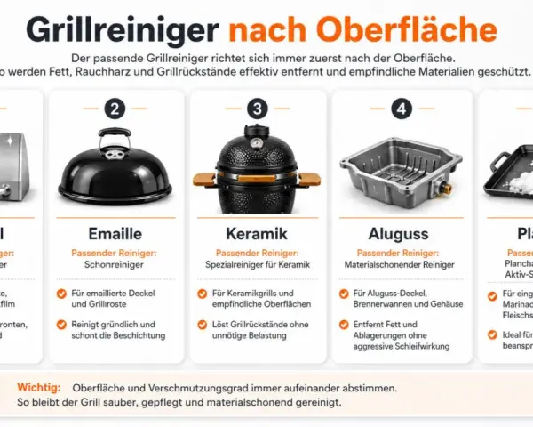 Fünf Grilltypen mit passenden Reinigern: Edelstahl, Emaille, Keramik, Aluguss und Plancha. So gelingt der Grillrost reinigen mühelos.