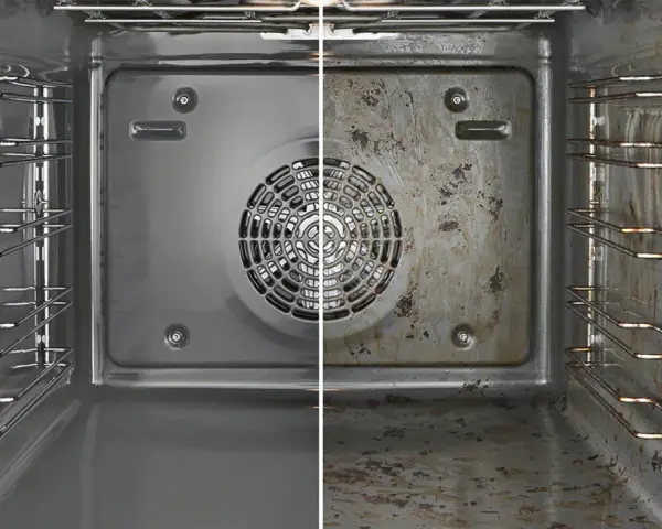 Vorher-Nachher-Vergleich: Ein sauberer Backofen links, ein stark verschmutzter Backofen rechts. So sieht ein Backofen reinigen aus.