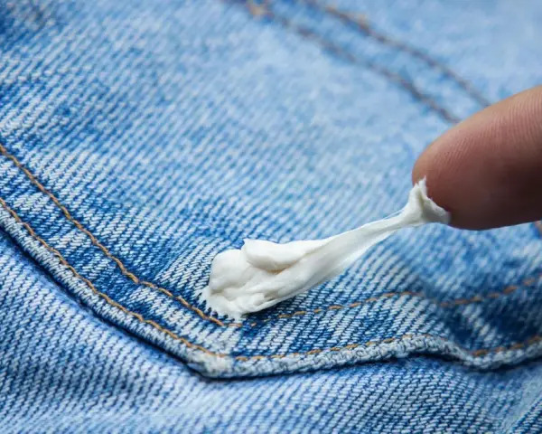 Finger versucht, Kaugummi aus Jeans zu entfernen. Der klebrige weiße Klumpen haftet an der blauen Denim-Oberfläche.