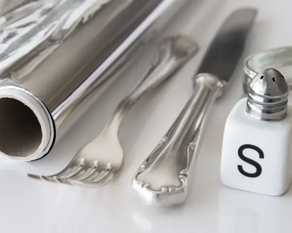 Silber reinigen: Alufolie, Salzstreuer und Besteck liegen bereit für die Hausmittel-Reinigung.