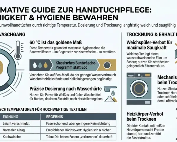 Anleitung zum Handtuch waschen bei 60°C für Hygiene und Flauschigkeit. Vermeide Weichspüler und Heizkörper beim Trocknen.