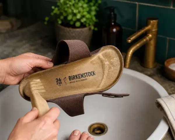 Hände reinigen Birkenstock-Sohle mit Bürste. So bleiben deine Lieblingsschuhe frisch und sauber.
