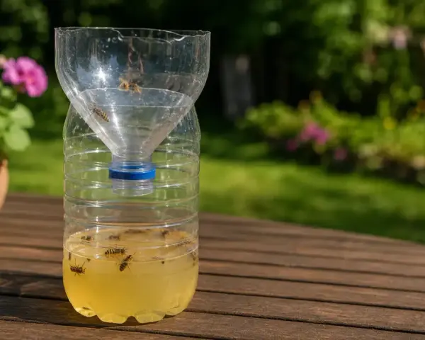 Selbstgemachte Wespenfalle aus einer PET-Flasche mit süßer Flüssigkeit, die viele Wespen gefangen hat. Ein einfaches Hausmittel gegen lästige Insekten.