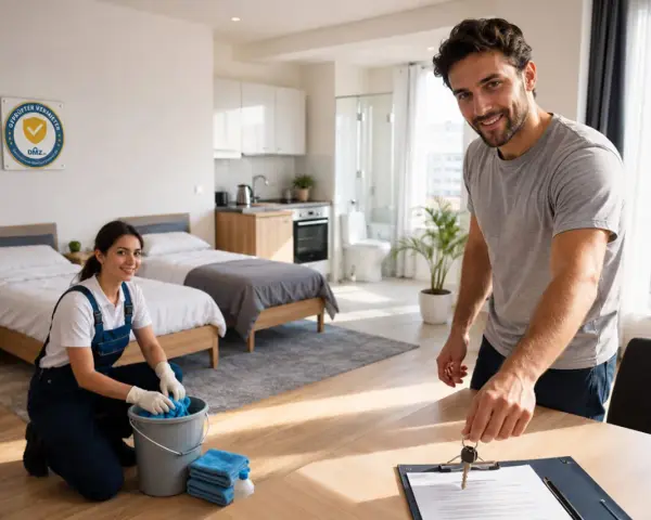 Professionelle **Endreinigung Ferienwohnung**: Eine Frau reinigt mit Handschuhen, ein Mann übergibt Schlüssel.