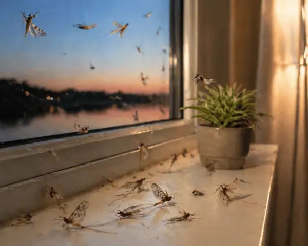 Viele Eintagsfliegen sitzen am Fenster und auf der Fensterbank. Ein Versuch, die Insekten loswerden, bevor sie sich vermehren.