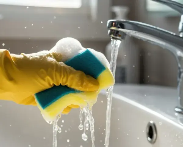 Gelbe Handschuhe reinigen mit einem nassen Schwamm das Waschbecken. Wasser spritzt.