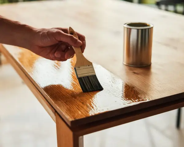 Hand streicht mit Pinsel Öl auf einen Holztisch. Dose daneben. Holztisch reinigen und pflegen.