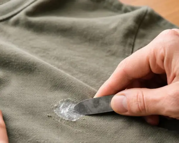 Mit einem Spachtel wird versucht, hartnäckiges Silikon aus Kleidung zu entfernen.