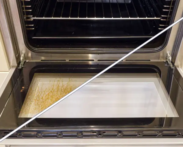 Vorher-Nachher-Vergleich: Fettige Spritzer auf der Backofen-Zwischenscheibe, die nun sauber ist. So reinigen Sie den Backofen zwischen den Scheiben ohne Ausbau.