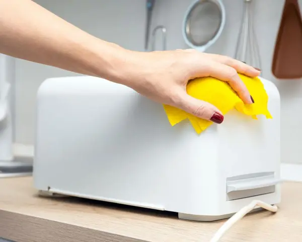 Eine Hand mit gelbem Tuch wischt über einen weißen Toaster. So einfach kann toaster reinigen sein.
