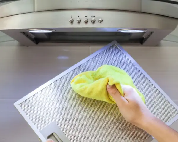 Hand reinigt Dunstabzugshaube mit gelbem Tuch.