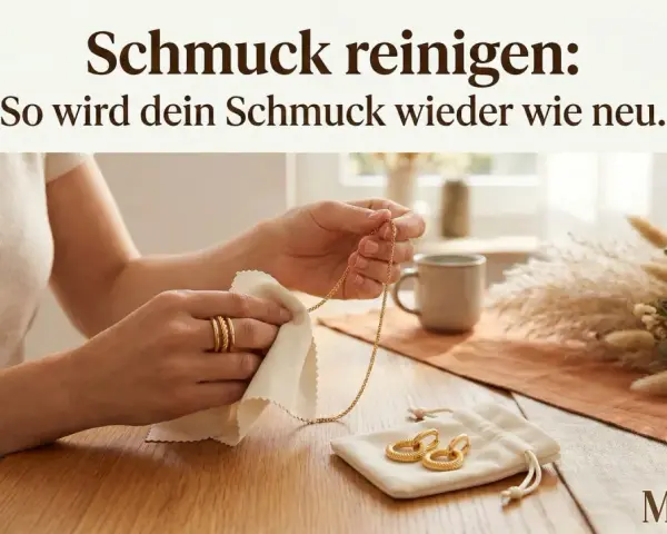 Hände polieren eine goldene Halskette und Ringe mit einem Tuch. So wird Modeschmuck reinigen zum Kinderspiel.