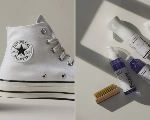 Weiße Converse und Pflegeprodukte für sneakers reinigen. Ein Set mit Bürste, Schaumreiniger und Imprägnierspray.