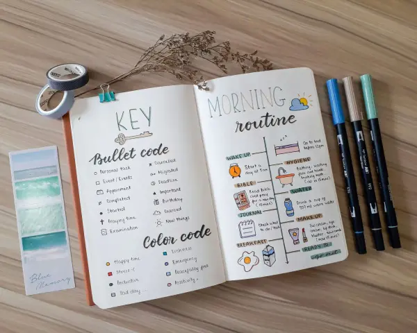 Bullet journal mit Morgenroutine und Farbcode, um Ordnung zu halten.