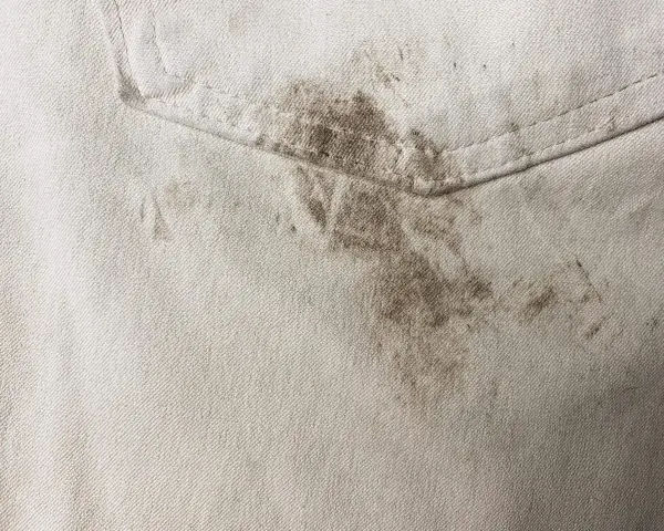 Schmutzige helle Hose mit dunklen Flecken. Tipps, wie man Fettflecken aus Kleidung entfernen kann, sind hier gefragt.