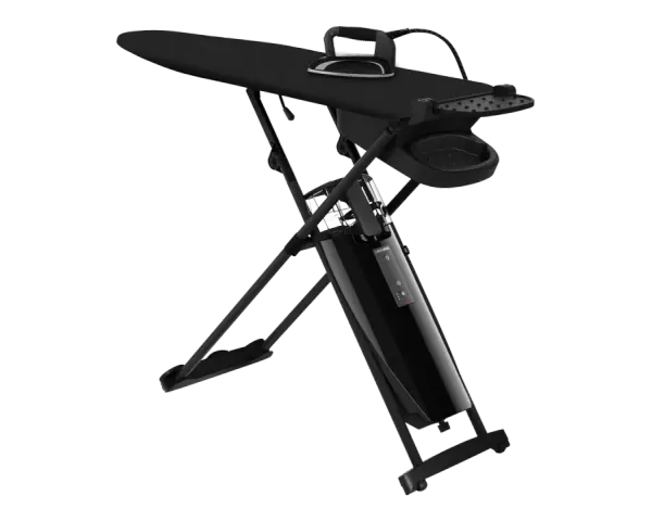 Ein schwarzes Bügelsystem von Laurastar, bereit zum Entkalken.