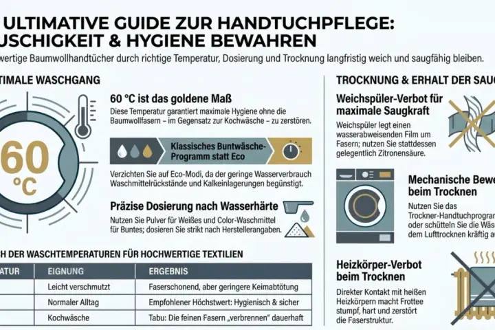 Anleitung zum Handtuch waschen bei 60°C für Hygiene und Flauschigkeit. Vermeide Weichspüler und Heizkörper beim Trocknen.