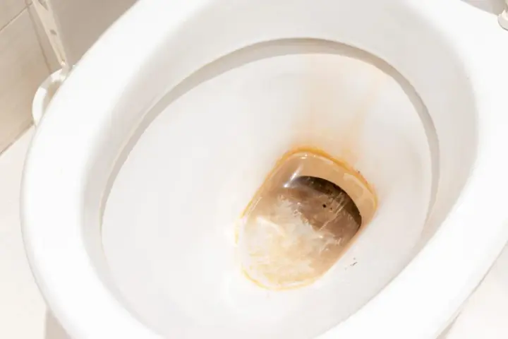 Kalkablagerungen und Verfärbungen am Toilettenrand erfordern eine gründliche Reinigung.