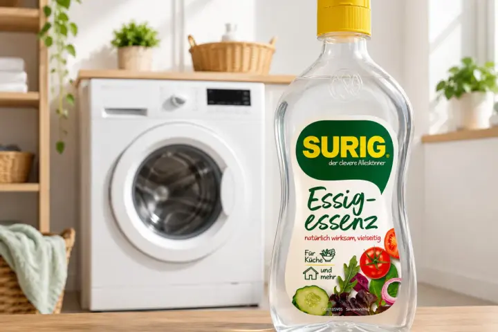 Eine Flasche Essigessenz steht vor einer Waschmaschine. Perfekt für die Küche und mehr, auch für die Wäsche!
