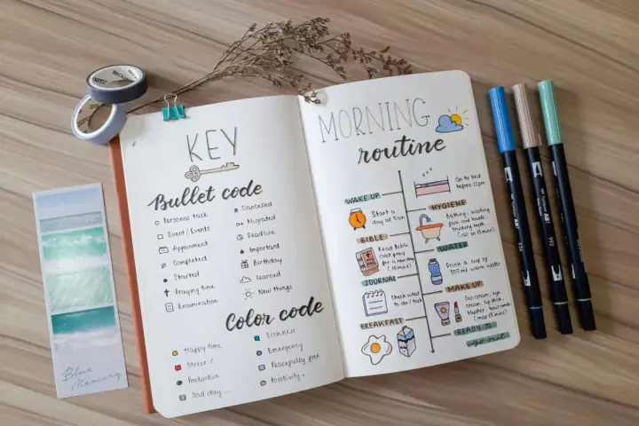 Bullet journal mit Morgenroutine und Farbcode, um Ordnung zu halten.