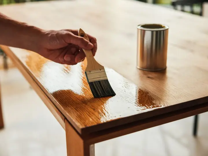 Hand streicht mit Pinsel Öl auf einen Holztisch. Dose daneben. Holztisch reinigen und pflegen.