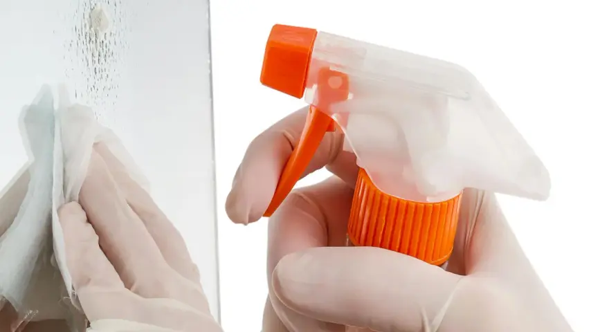 Mit Handschuhen und Sprühflasche werden Kratzer aus Glas poliert. Ein Tuch wischt über die Oberfläche.