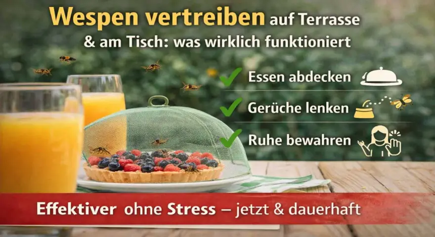 Tipps gegen Wespen: Essen abdecken, Gerüche umlenken, Ruhe bewahren. So vertreiben Sie Wespen effektiv vom Tisch.