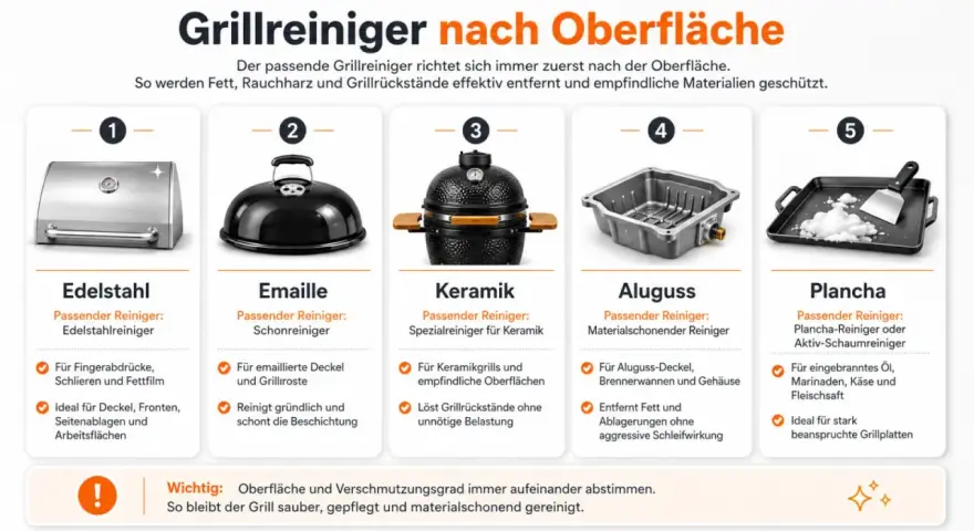 Fünf Grilltypen mit passenden Reinigern: Edelstahl, Emaille, Keramik, Aluguss und Plancha. So gelingt der Grillrost reinigen mühelos.