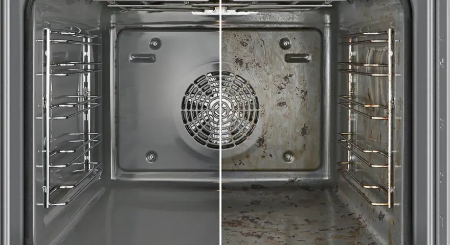 Vorher-Nachher-Vergleich: Ein sauberer Backofen links, ein stark verschmutzter Backofen rechts. So sieht ein Backofen reinigen aus.