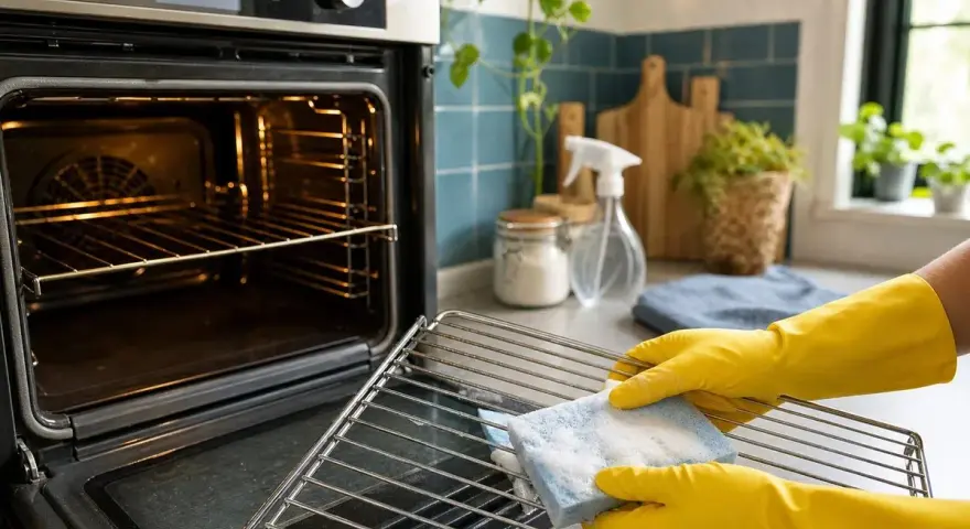 Hände mit gelben Handschuhen reinigen den Ofenrost mit einem blauen Schwamm.
