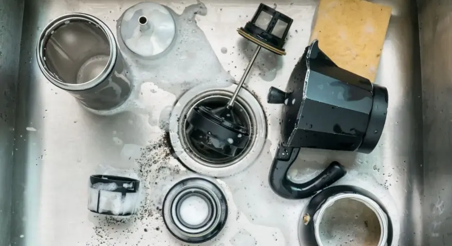 Zerlegte Edelstahl-Kaffeekanne mit Schaum und Kaffeesatz in der Spüle. Reinigung einer Espressokanne.