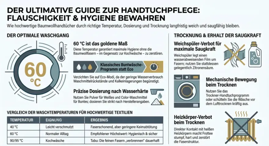 Anleitung zum Handtuch waschen bei 60°C für Hygiene und Flauschigkeit. Vermeide Weichspüler und Heizkörper beim Trocknen.