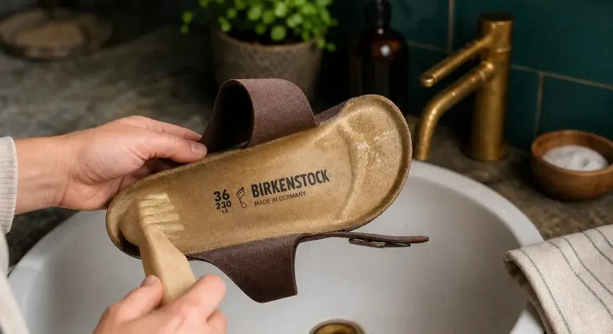 Hände reinigen Birkenstock-Sohle mit Bürste. So bleiben deine Lieblingsschuhe frisch und sauber.
